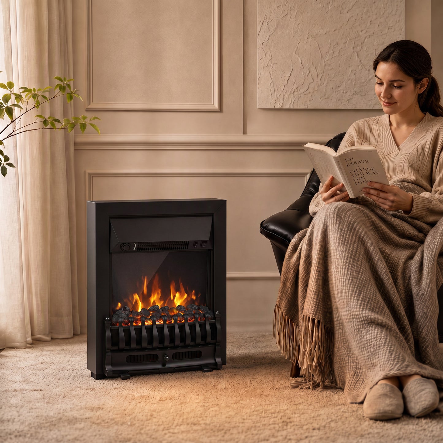 HOMCOM Electric Fireplace Stove Freestanding/ Inset, 1000W/2000W, Electric Fire Heater with LED Flame Effect, Coal Logs, Black