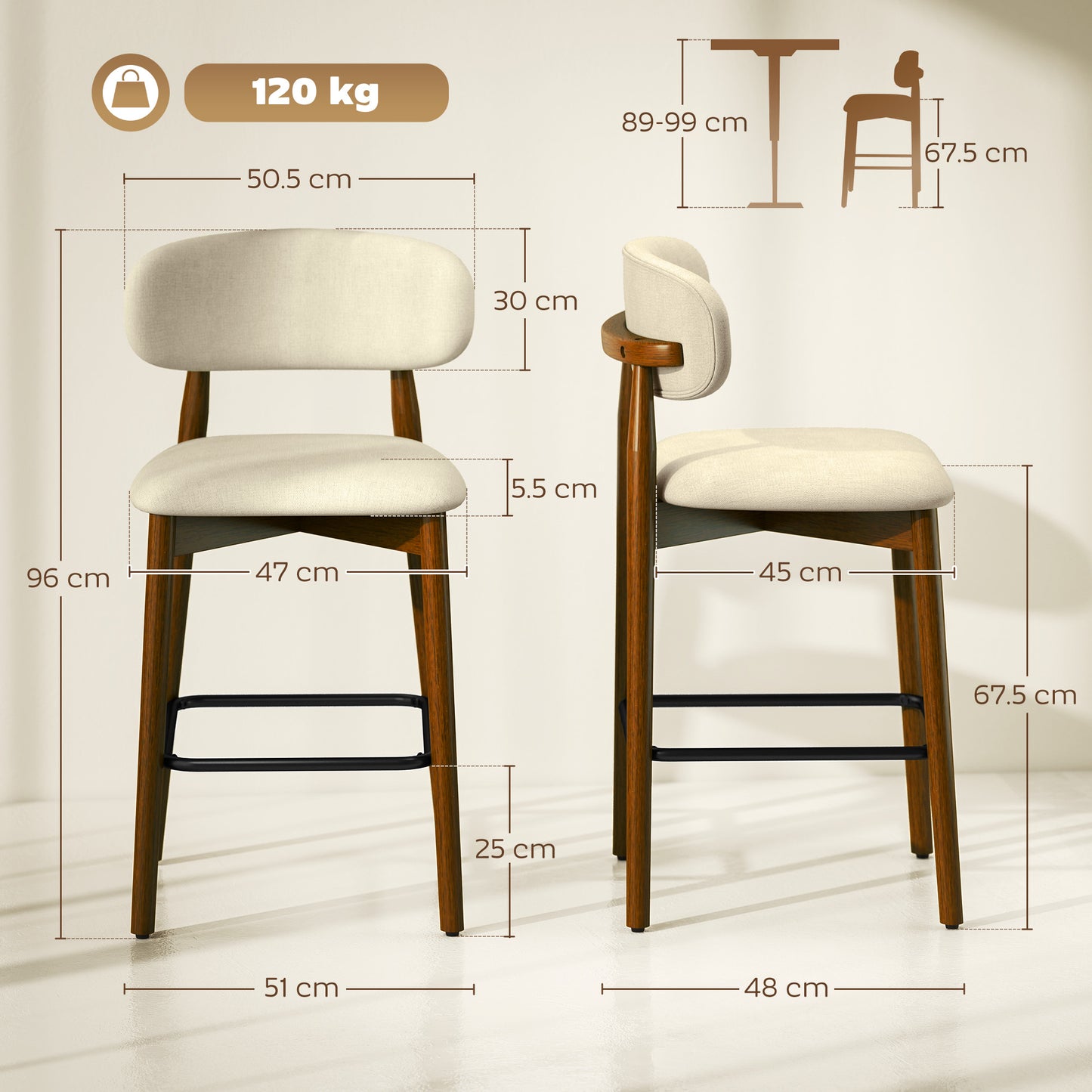 HOMCOM Bar Stools Curved Open Back Padded Seat Footrest Set of 2 for Kitchen Beige