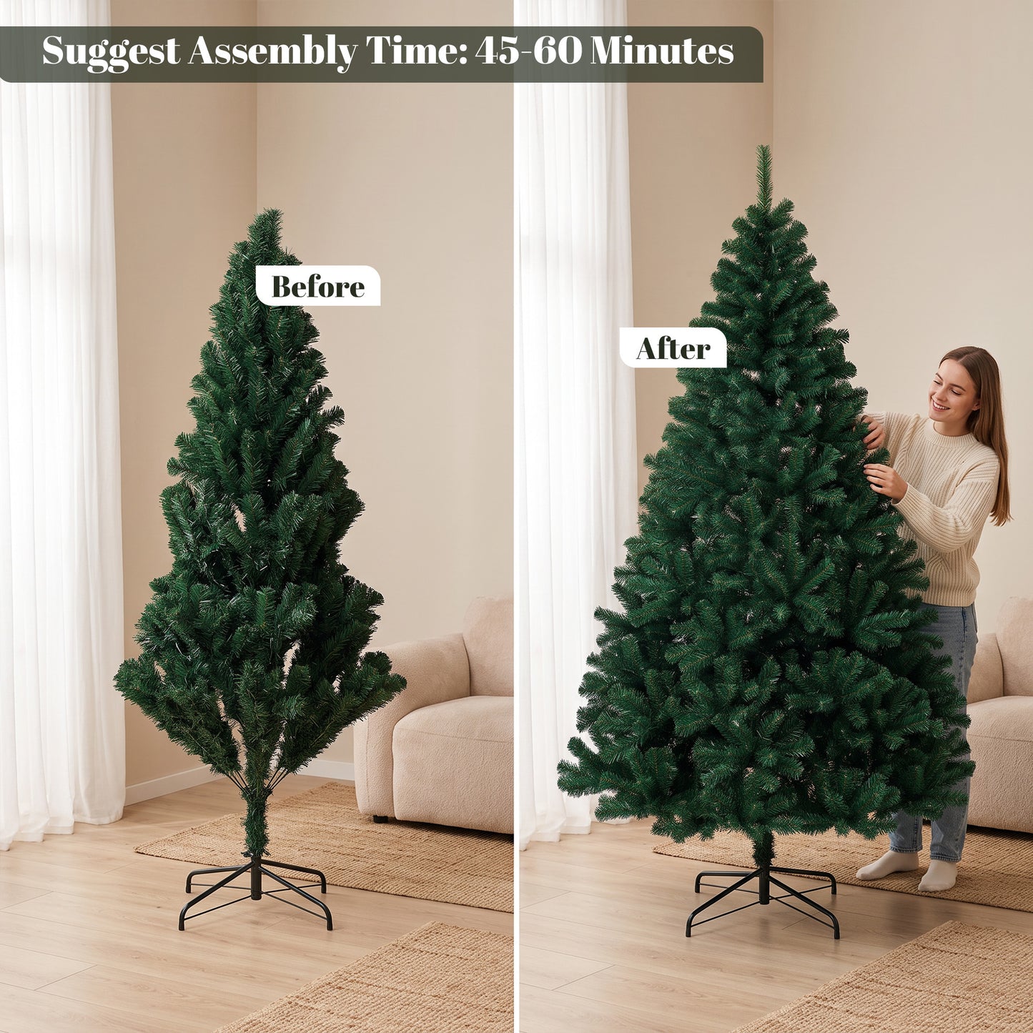 HOMCOM 7ft Artificial Christmas Tree, Fir Hinged Xmas Tree with 1100 Branch Tips, Foldable Steel Stand, Green