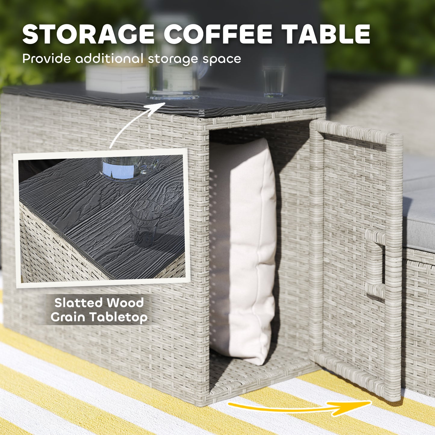 Outsunny 5 Piece Rattan Garden Furniture Set, Nesting Sofa with Footstools, WPC Storage Coffee Table & Cushions, Grey