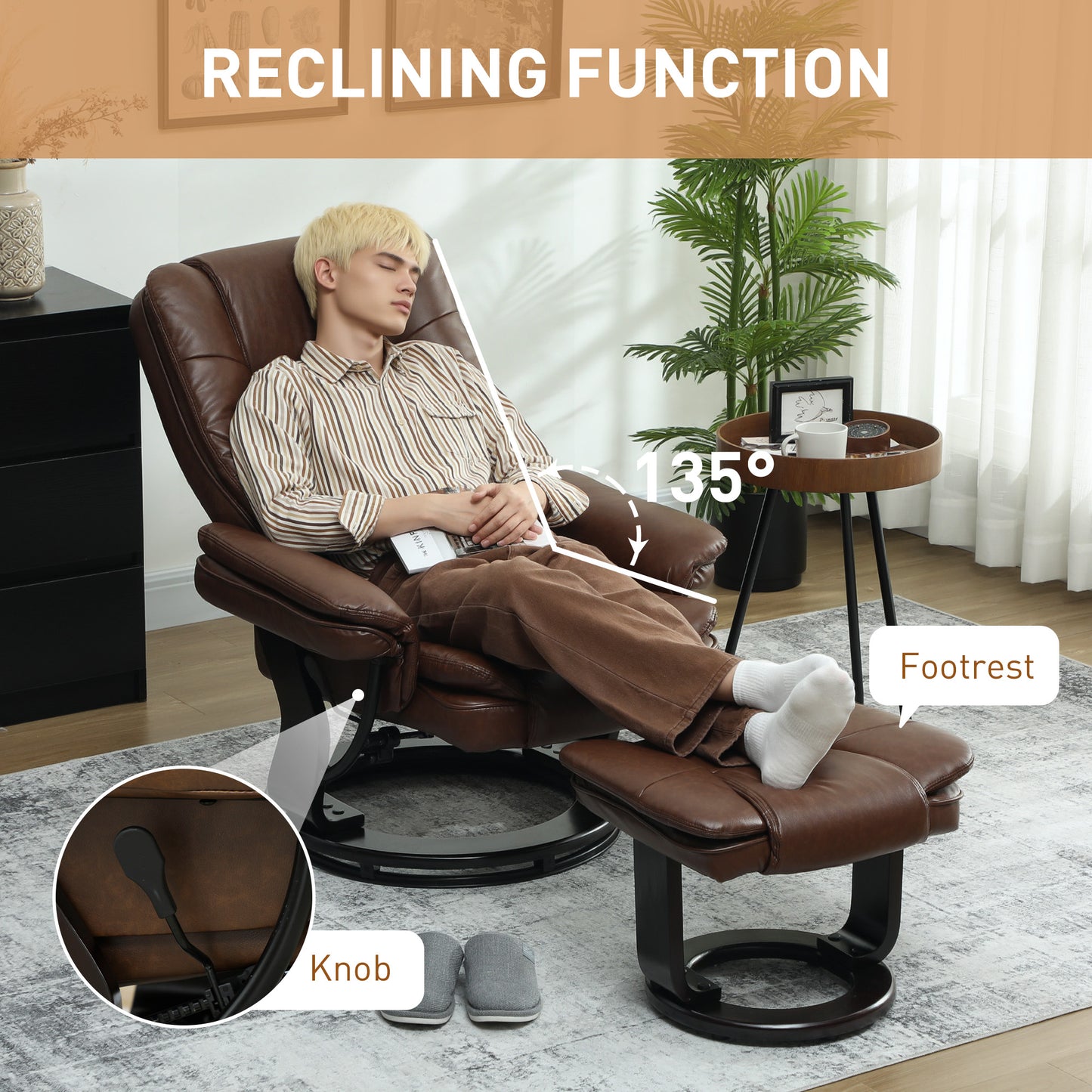 HOMCOM Faux Leather 135° Reclining Chair and Footstool - Brown