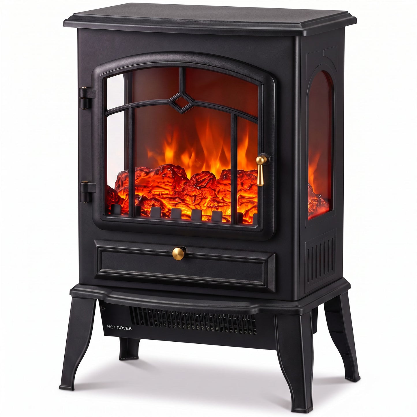 HOMCOM Electric Fireplace Stove, 1000/2000W 3-Sided Freestanding Fireplace Heater with 3D Flame Log, Thermostat, Black