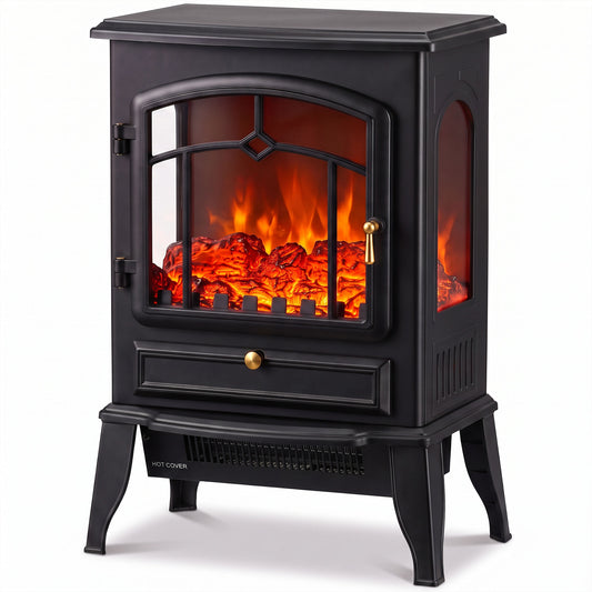 HOMCOM Electric Fireplace Stove, 1000/2000W 3-Sided Freestanding Fireplace Heater with 3D Flame Log, Thermostat, Black