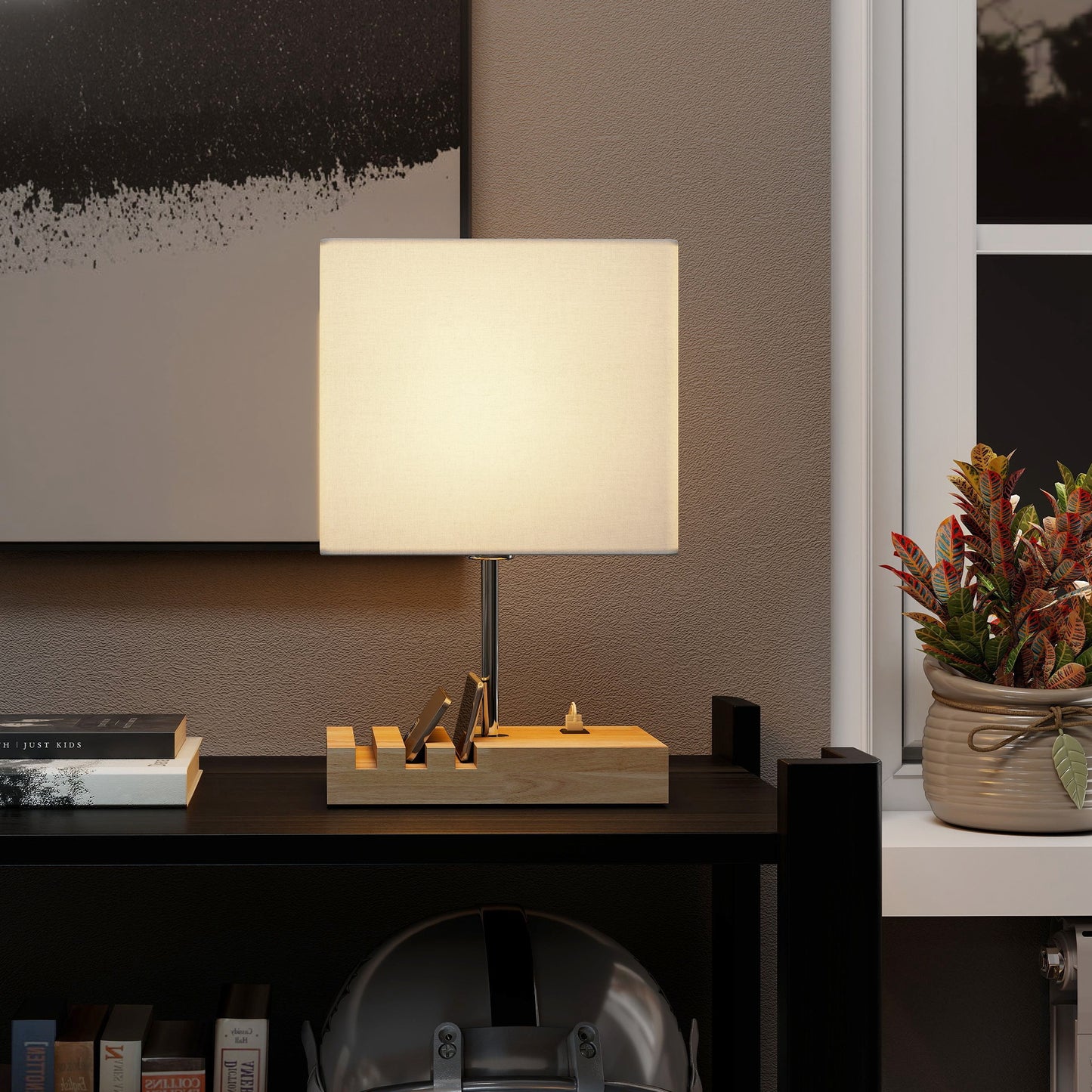 HOMCOM Bedside Lamp with USB A+C Charging Ports and 3 Phone Stands, Modern Table Lamp with Solid Wood Base E27 Socket, Bulb Not Included, White