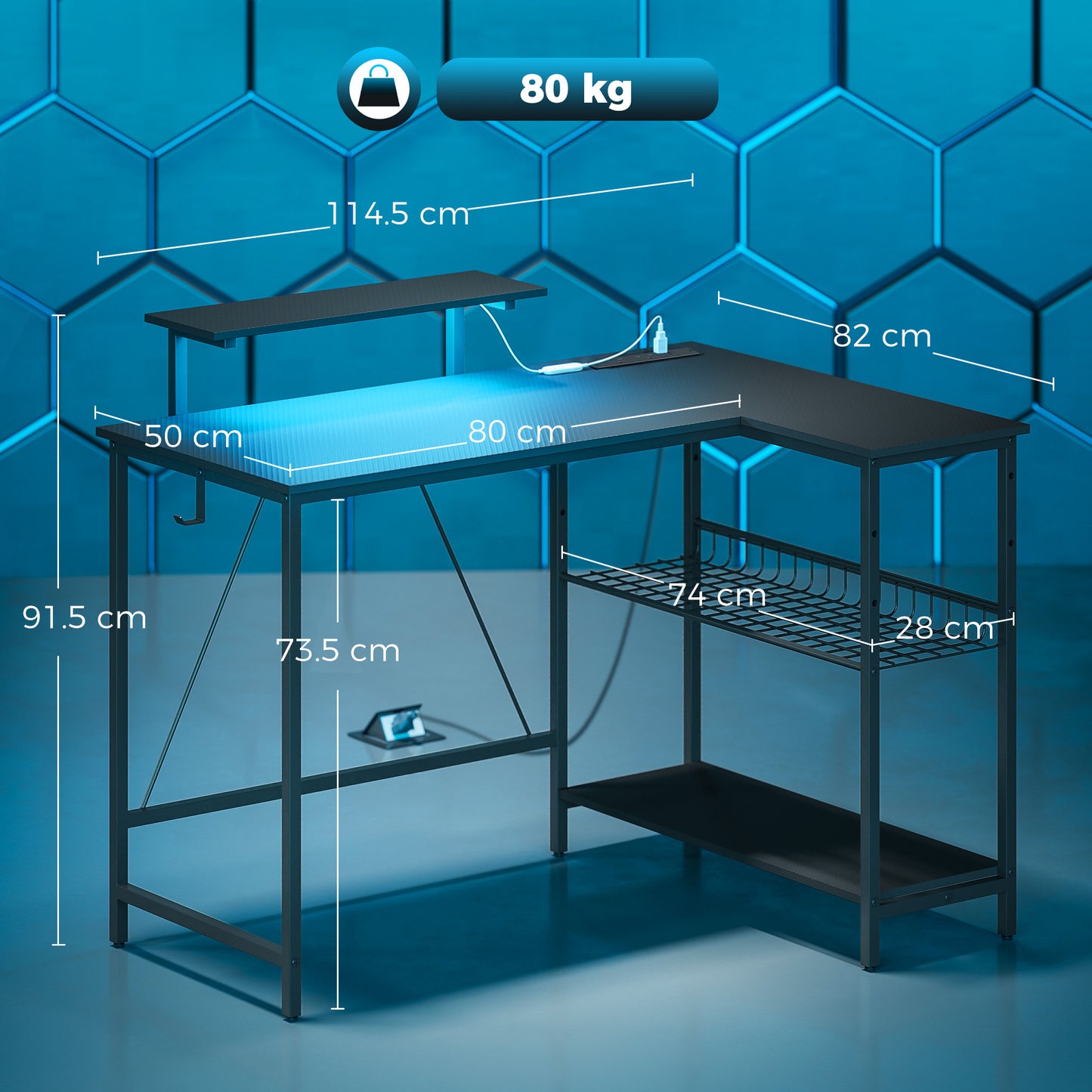 HOMCOM 114.5 cm L-Shaped Gaming Desk, Computer Desk with LED Lights, Power Station and Adjustable Mesh Shelf , Black