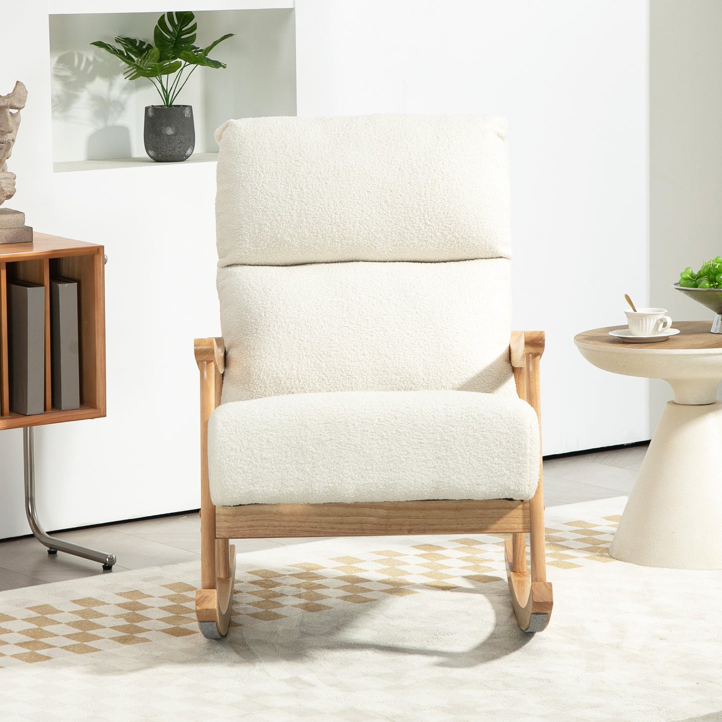HOMCOM Upholstered Rocking Chair, Teddy Fleece Fabric, High Back, Armrests, Rubberwood Legs, Cream White