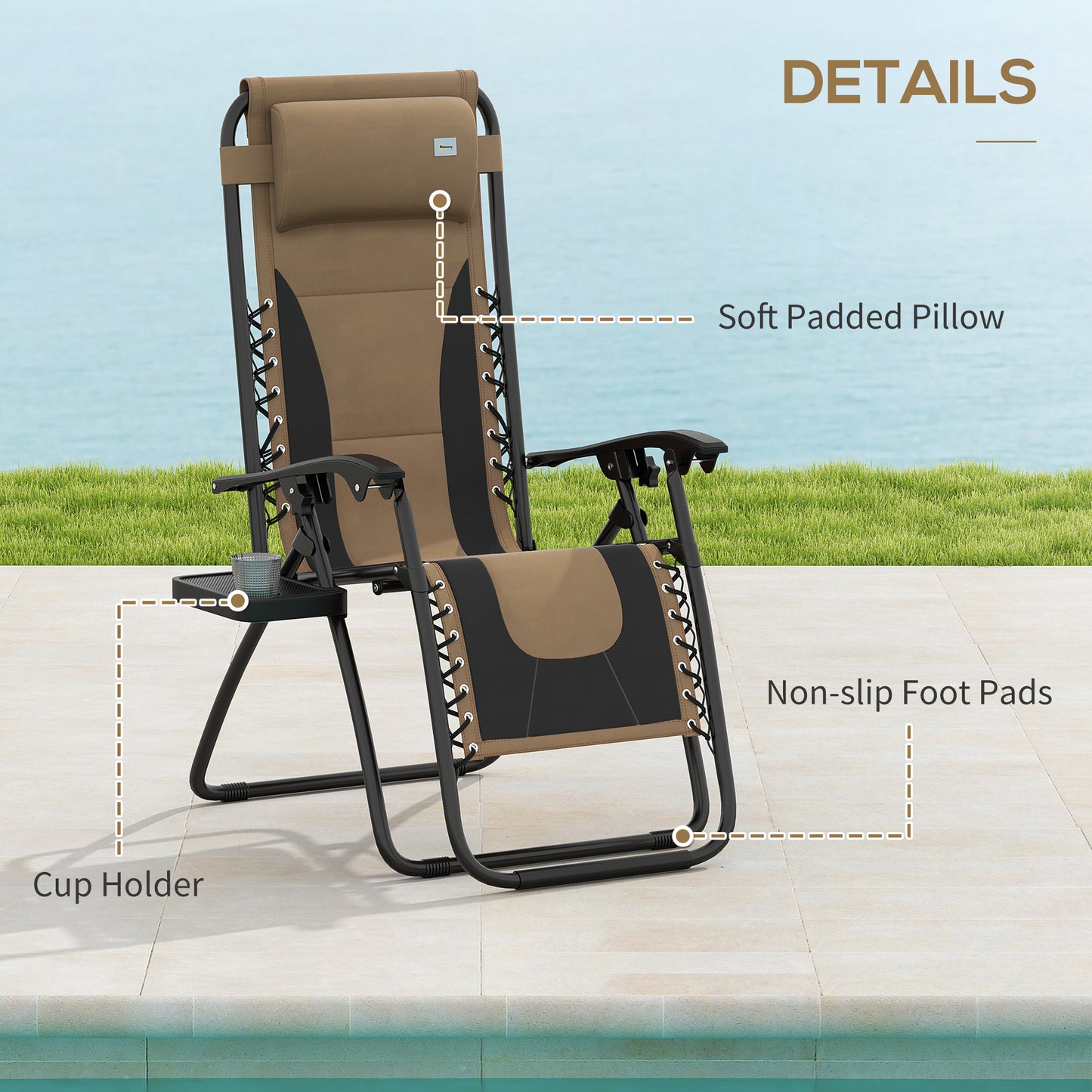Outsunny Foldable Reclining Garden Chair Set of 2, Zero Gravity, Padded Seat, Cup Holder, Pillow, Coffee