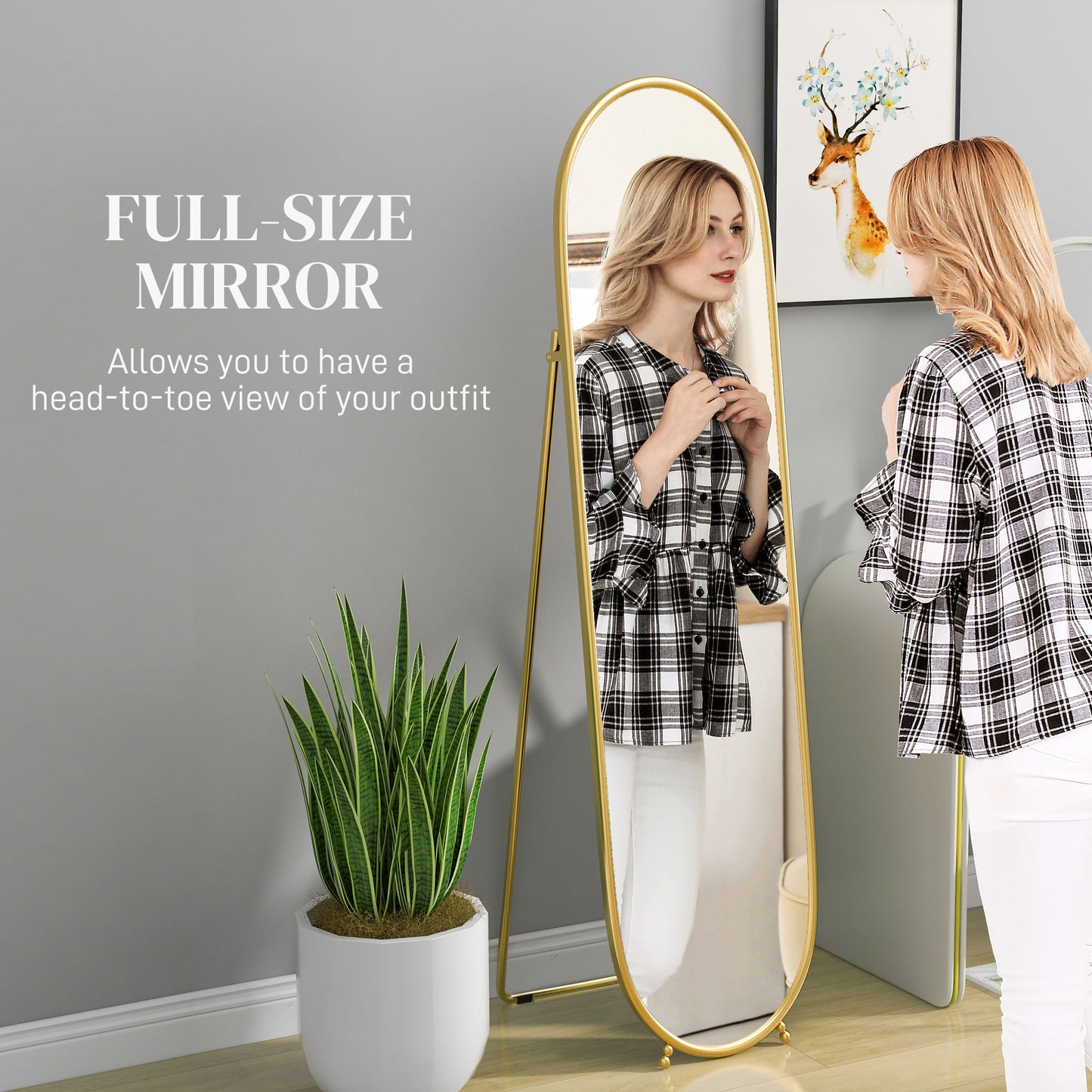 HOMCOM 40 x 160cm Full Length Mirror, Floor Standing, Wall-Mounted or Leaning Against Wall Tall Mirror with Support Frame, Oval Full Body Mirror for Bedroom, Living Room, Gold Tone