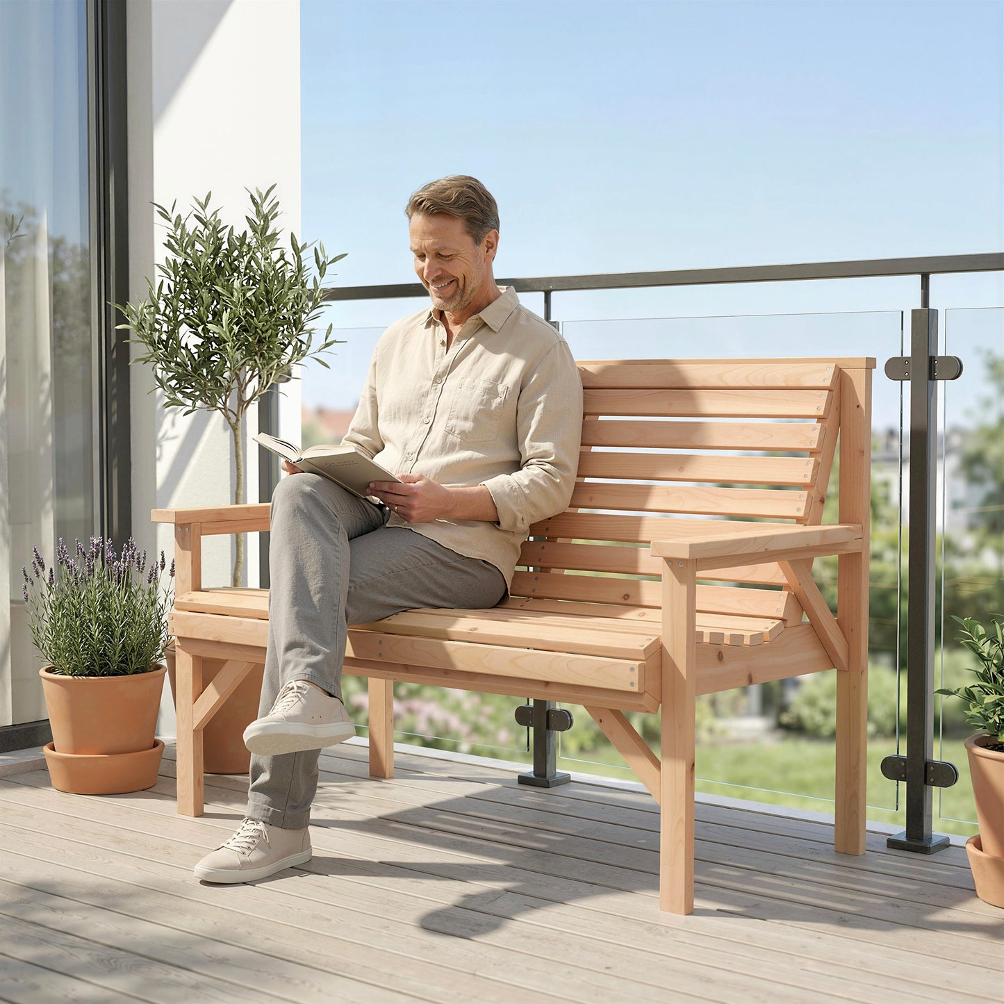 Outsunny 2 Seater Wooden Garden Bench, Slatted Patio Bench with Armrest and Backrest, Outdoor Furniture for Indoor
