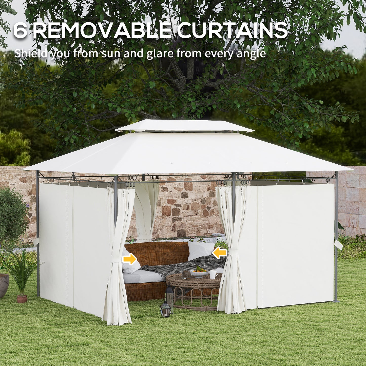 Outsunny 3 x 4m Garden Gazebo with Sides, Double Roof Metal Gazebo, Outdoor Gazebo Canopy Shelter for Patio, Deck, Cream White