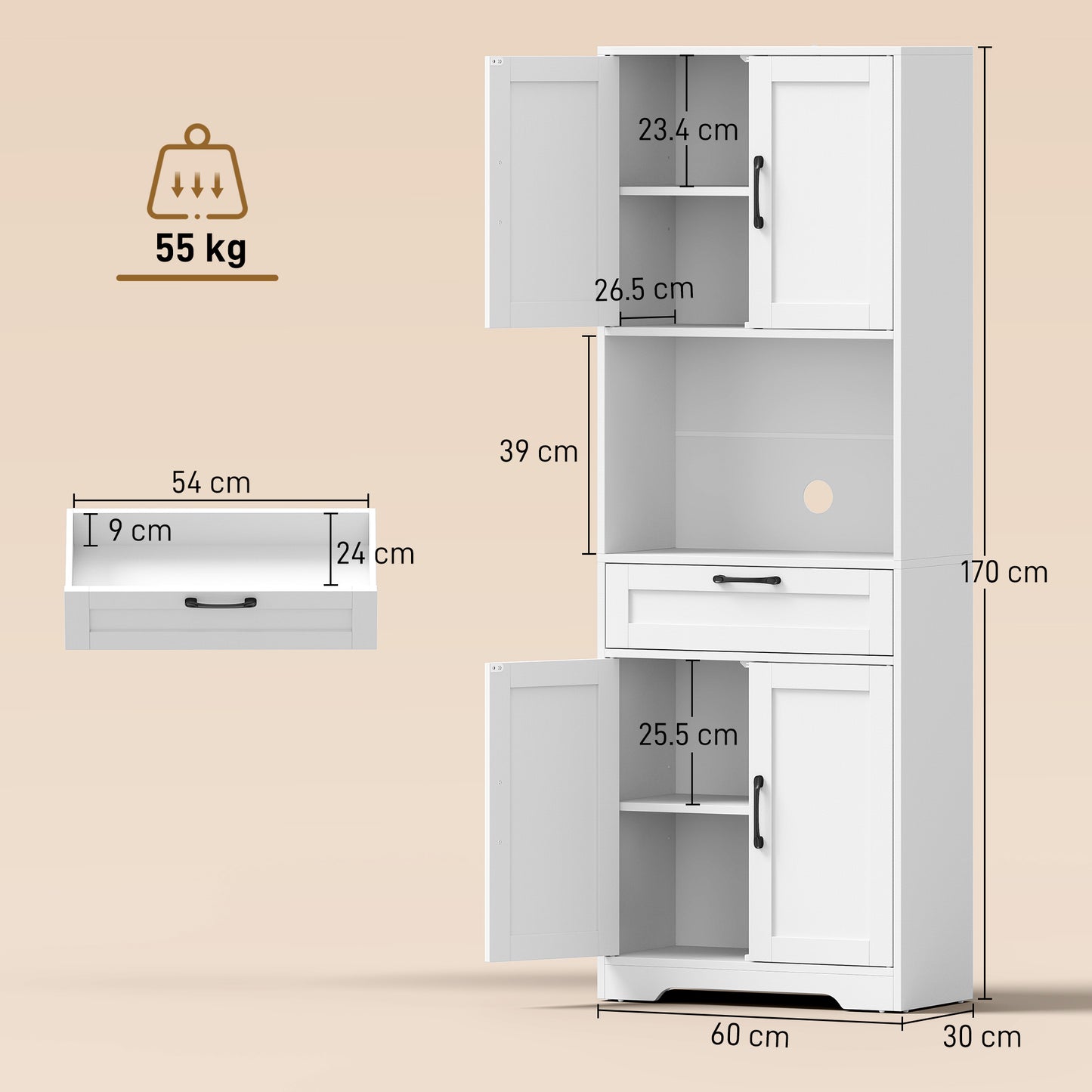 HOMCOM 170 cm Tall Kitchen Pantry with Adjustable Shelves, Freestanding Storage Cabinet with Open Shelf, White Wood Effect