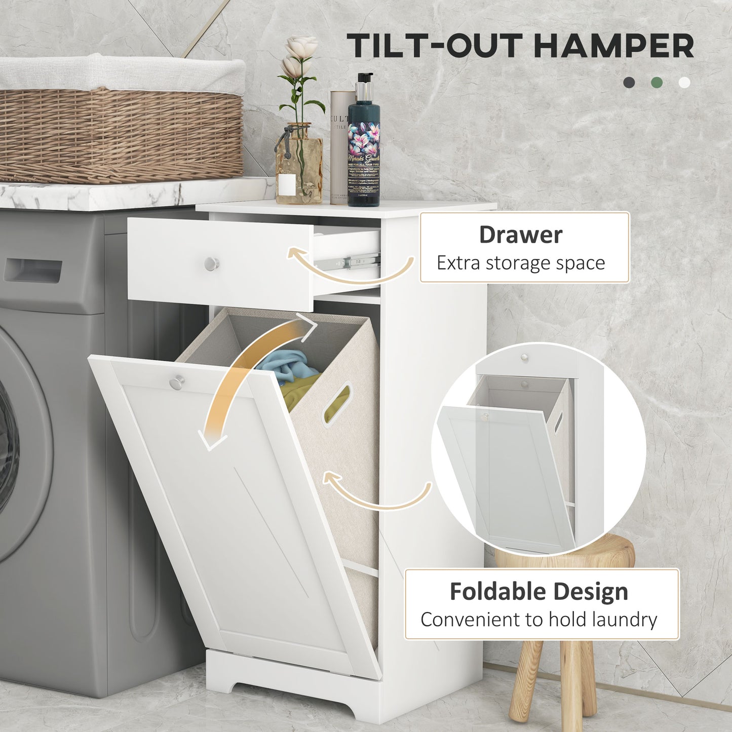 HOMCOM Bathroom Cabinet with Laundry Basket, Storage Unit with Drawer, White