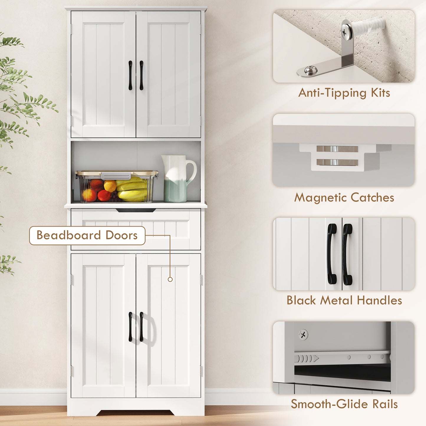 HOMCOM 172 cm Tall Kitchen Pantry Cupboard w/ Small Open Counter, Freestanding Kitchen Cabinet w/ 2 Adjustable Shelves, White