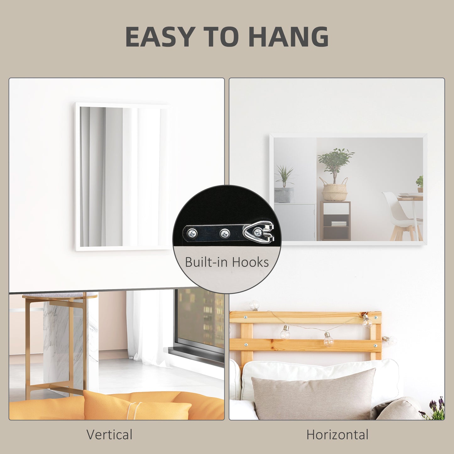 HOMCOM Wall-Mounted Bathroom Mirror, 70 x 50 cm Wall Mirror for Living Room, Bedroom, Hallway, White