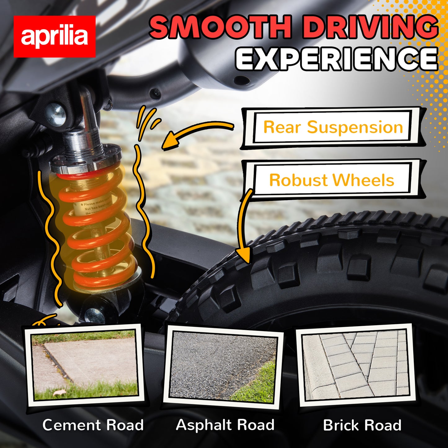 AIYAPLAY 12V Aprilia Licenced Kids Motorbike with Training Wheels, Spring Suspension, LED Light, USB, Music, Red