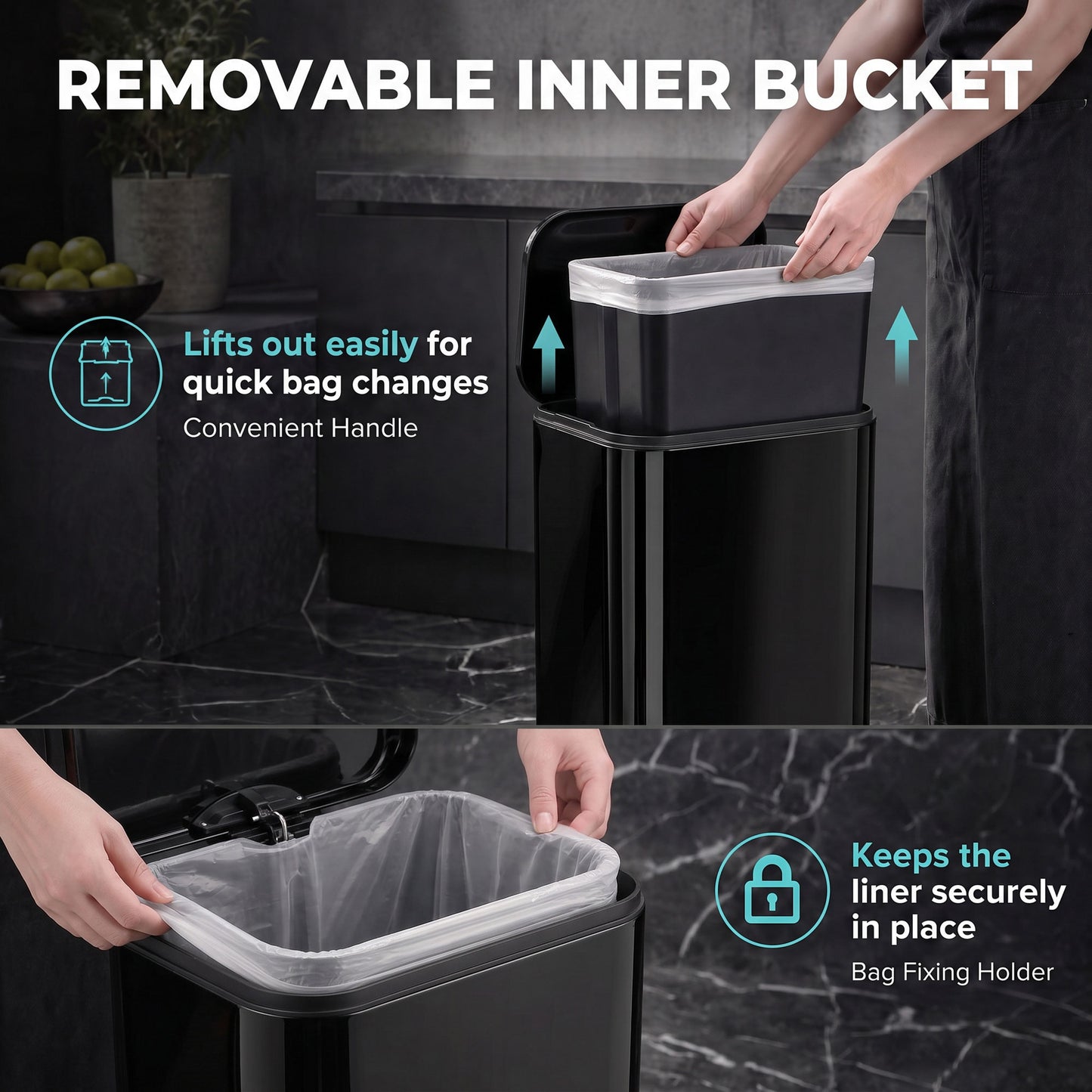 HOMCOM 20 L Kitchen Pedal Bin, Metal Rubbish Bin with Removable Inner Bucket, Soft-Close & Stay-Open Lid, High Gloss Black