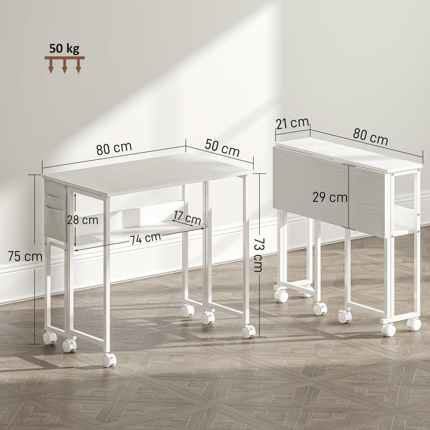 HOMCOM 80 cm Folding Desk with Storage Shelf and Drop Leaf on Wheels - White
