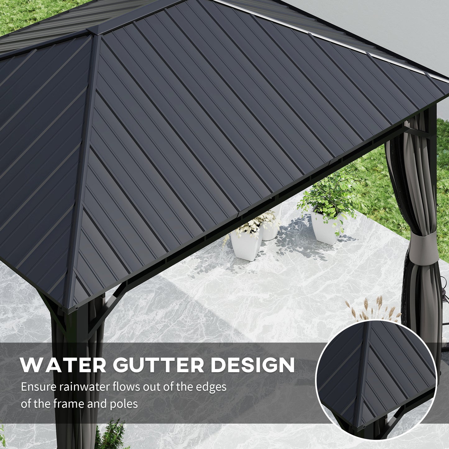 Outsunny 3 x 4m Hardtop Gazebo, Galvanised Steel Roof, Curtains, Netting, Waterproof Permanent Pavilion for Patio/Deck, with Water Gutter