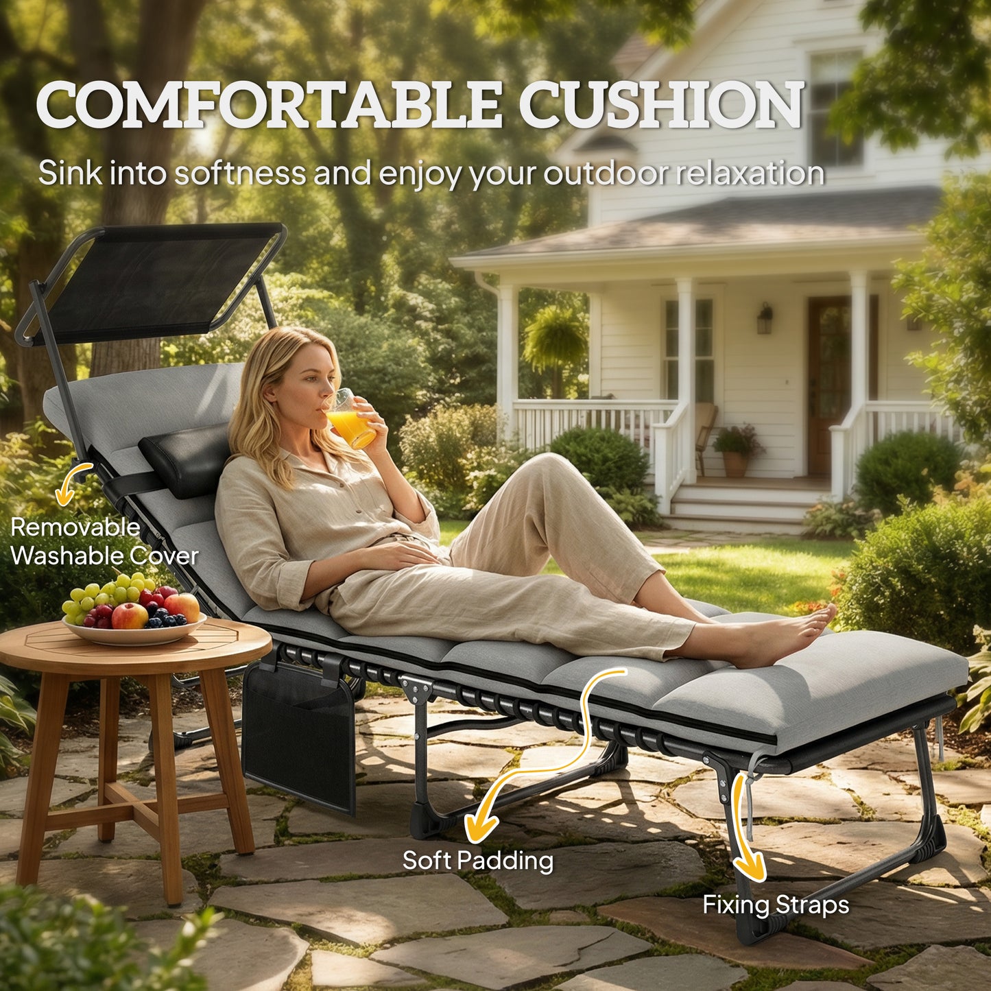 Outsunny Folding Sun Lounger with Canopy, Reclining Sunbed with Cushion, Side Pocket, Carrying Handle, Light Grey