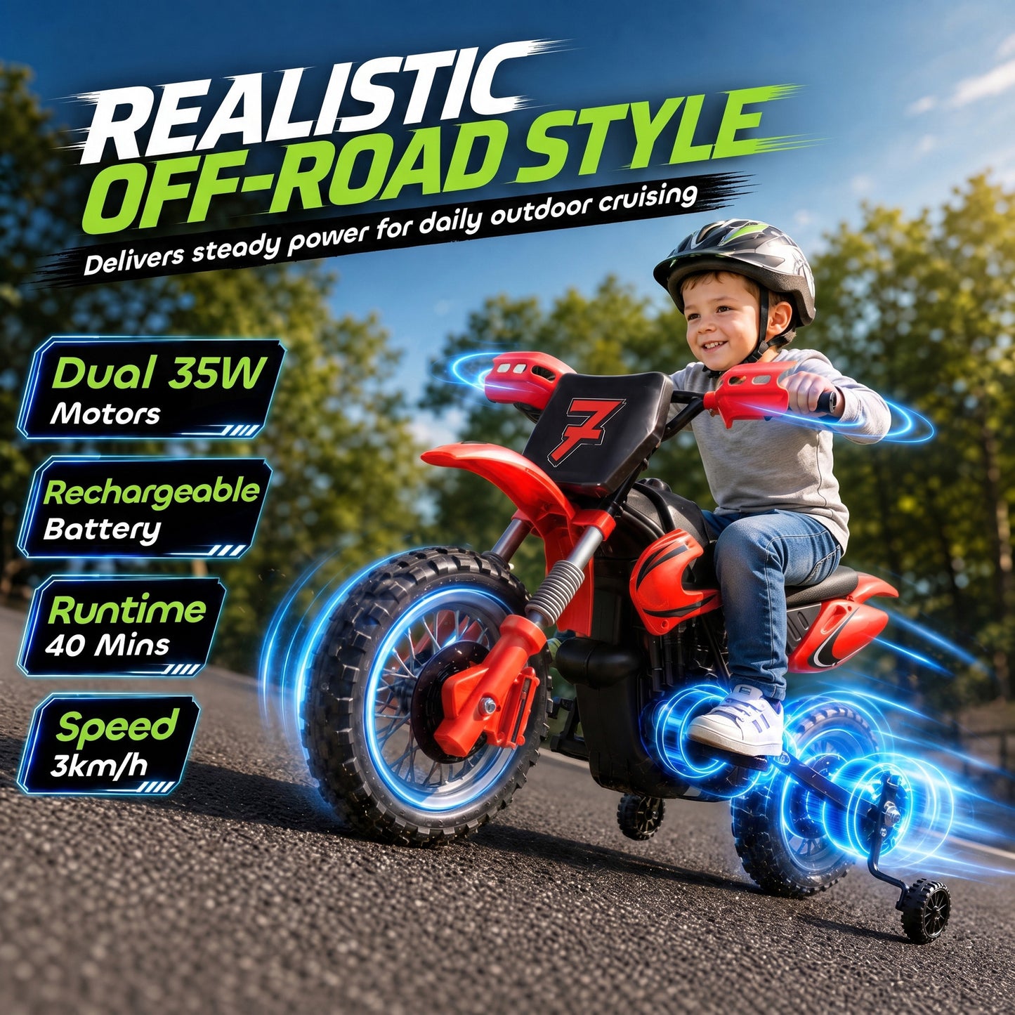 AIYAPLAY 12V Kids Electric Motorbike, Ride on Motorcycle with Dual Motors, Training Wheels, Rear Suspension for 3-6 Years, Red