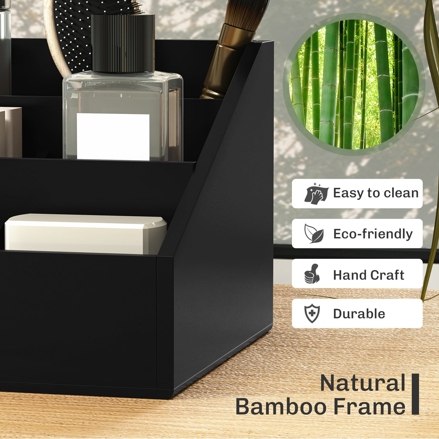 HOMCOM Desk Organiser, Bamboo Storage Caddy with 7 Compartments and 2 Drawers for Home Office Supplies, Black