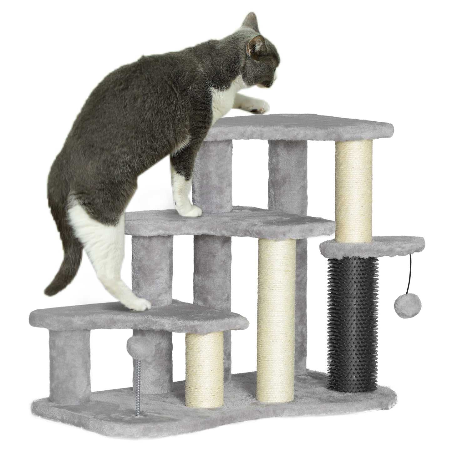 PawHut Cat Tree 2 in 1 Pet Stairs w/ Scratching Tickling Post, Toy Balls, for Bed, Sofa, Couch, Light Grey