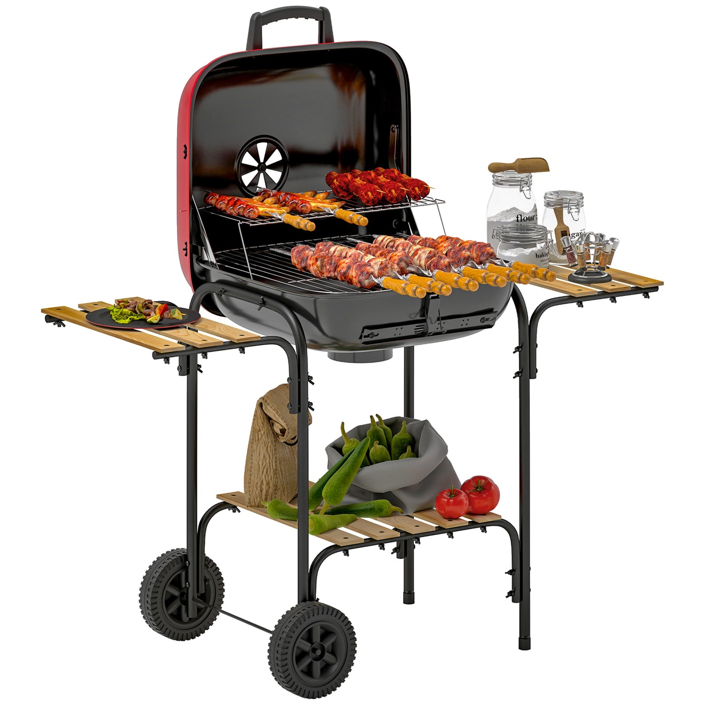 Outsunny Portable Charcoal BBQ Grill, 1840 cm² Cooking Area, 3 Shelves, Adjustable Vent, Lockable Lid, Wheels, Outdoor, Red