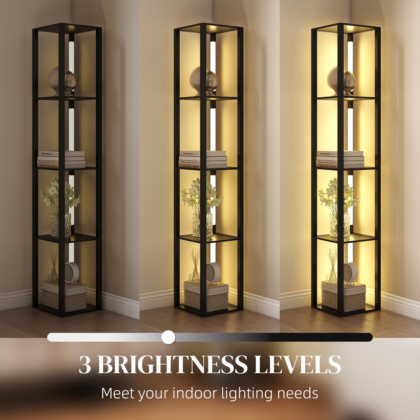 HOMCOM Floor Lamp with Shelves, 4-Layer Dimmable Standing Lamp, 3 Brightness Levels, Foot Switch for Living Room, Bedroom, Office, Black