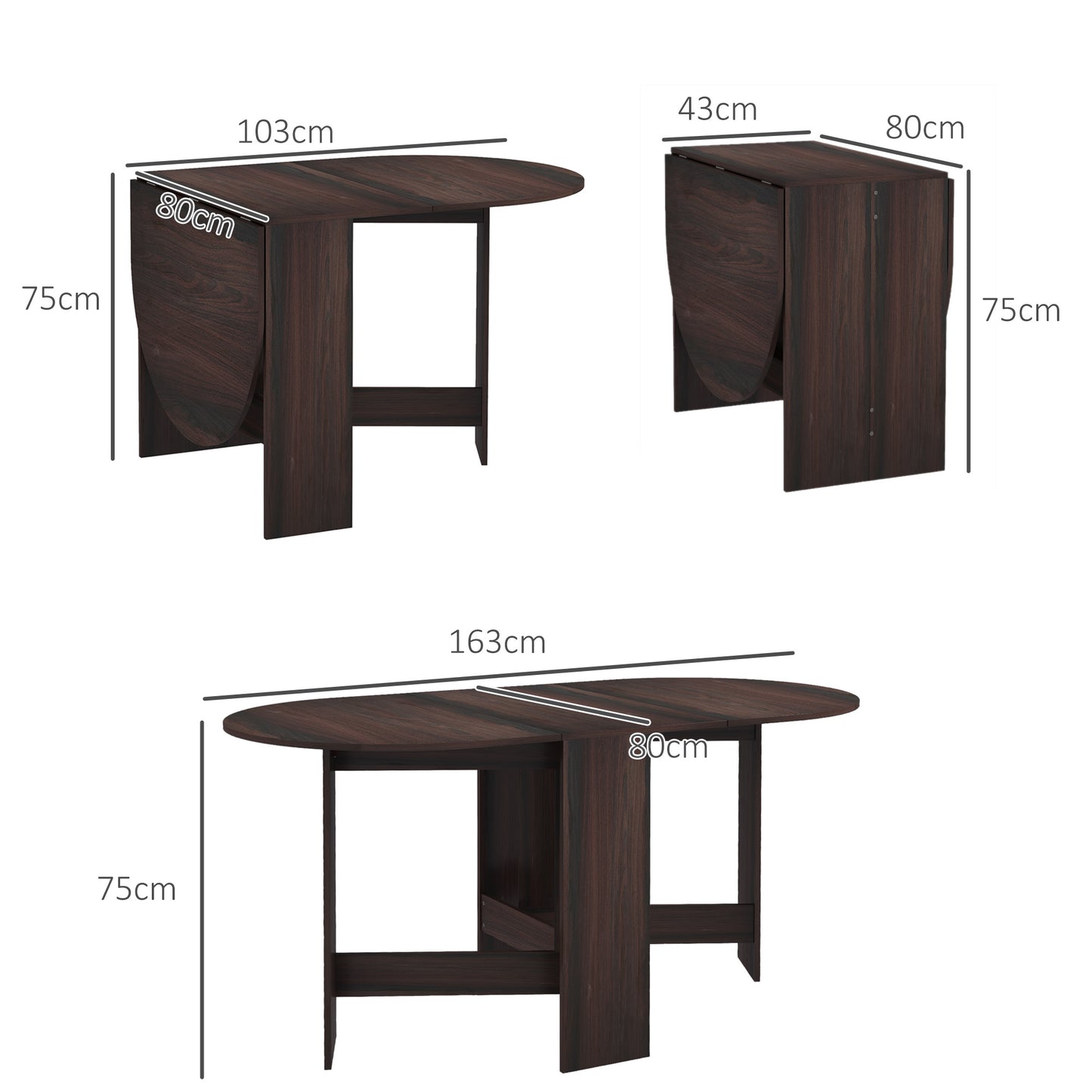 HOMCOM Folding Dining Table, Drop Leaf Table for Small Spaces, Oval Kitchen Table for Dining Room, Chocolate Wood Effect