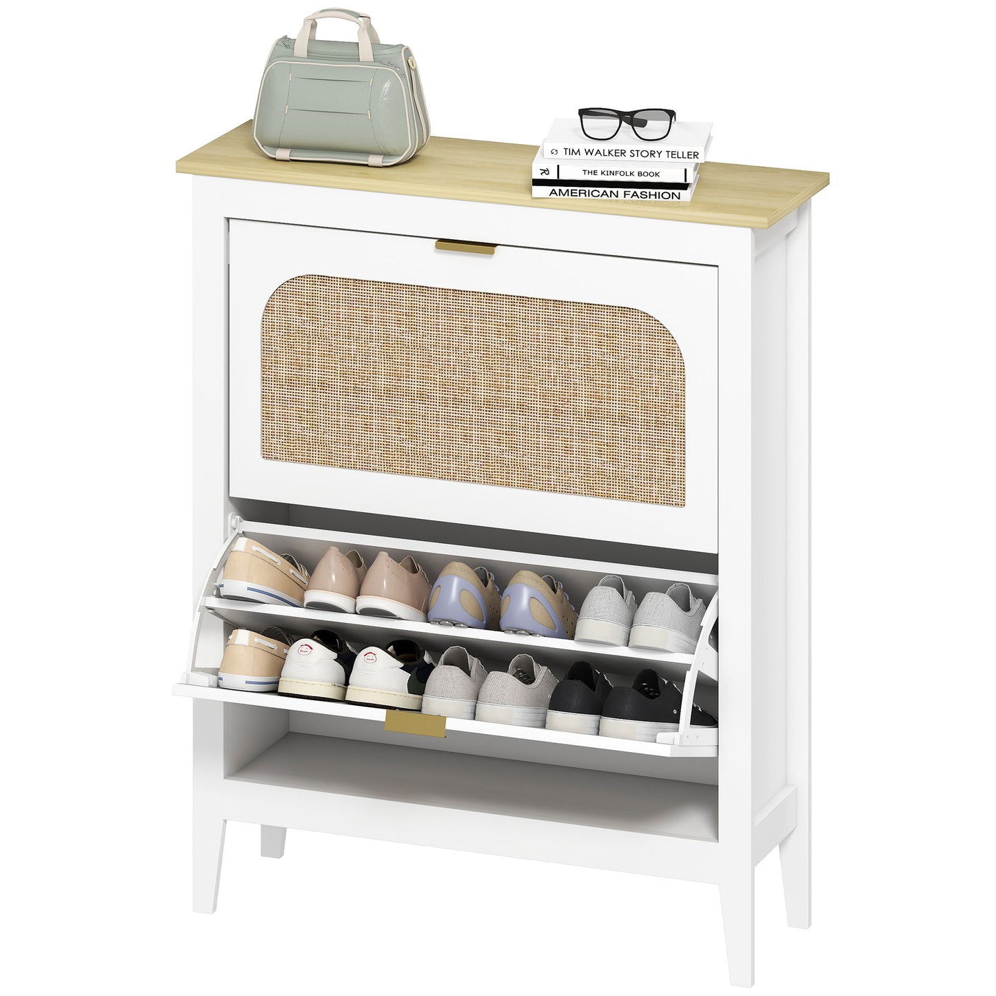 HOMCOM Shoe cabinet 14 pairs boho with 2 flip-down drawers, rattan cane-effect doors, 80 x 24 x 95.5 cm, White