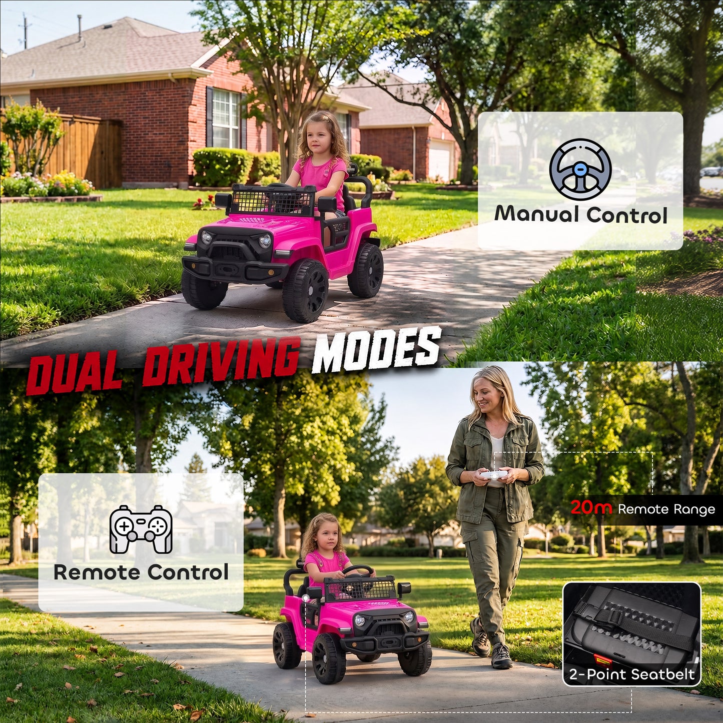 AIYAPLAY 12V Electric Car for Kids with Remote, Dual Motors, Rear Suspension, Soft Start, Music, Lights for 3-8 Years, Pink