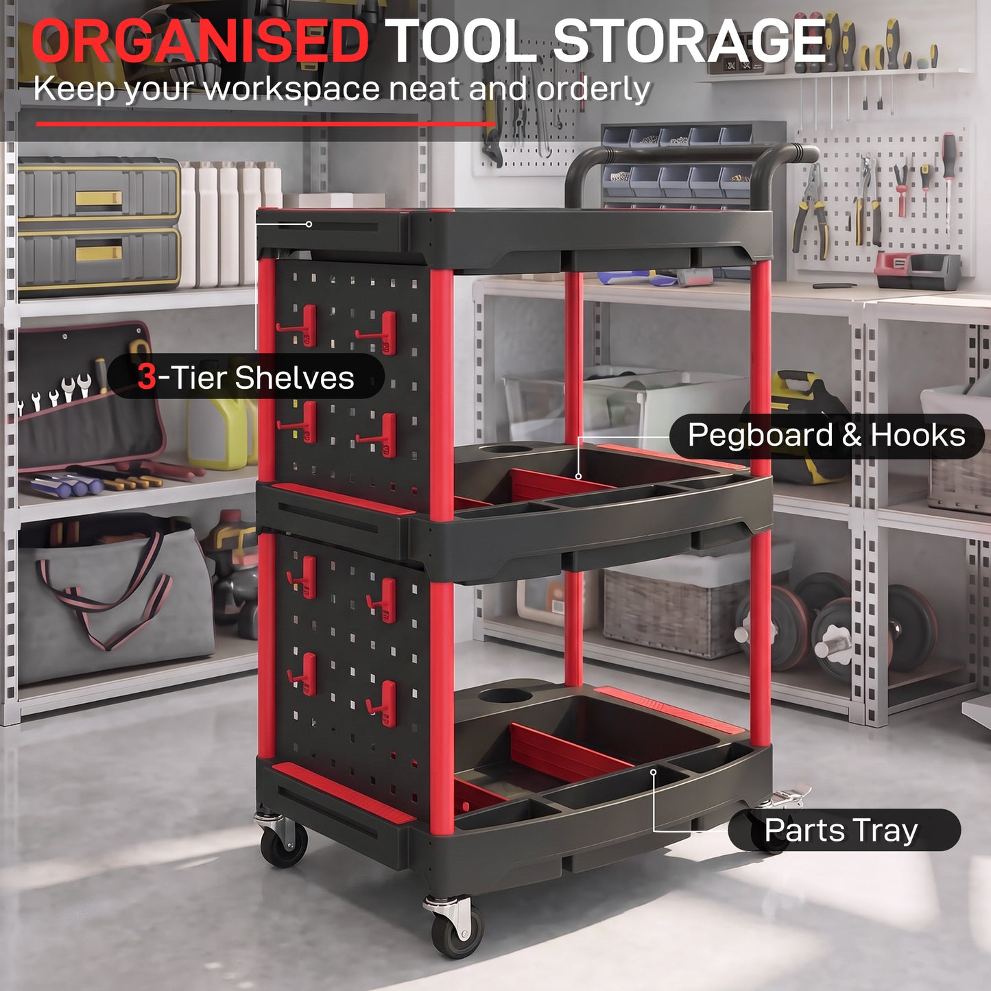 HOMCOM 3-Tier Rolling Tool Cart with Pegboard and Hooks, Storage Trolley Wheel Cart with Brakes, Black & Red