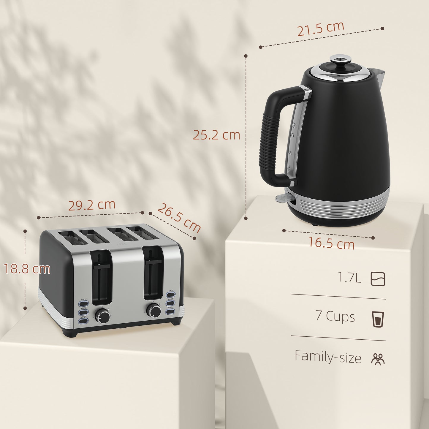 HOMCOM Stainless Steel Kettle and Toaster Set, 1.7L Rapid Boil Kettle, Limescale Filter, 4 Slice Toaster, 7 Browning Levels, Black/Silver