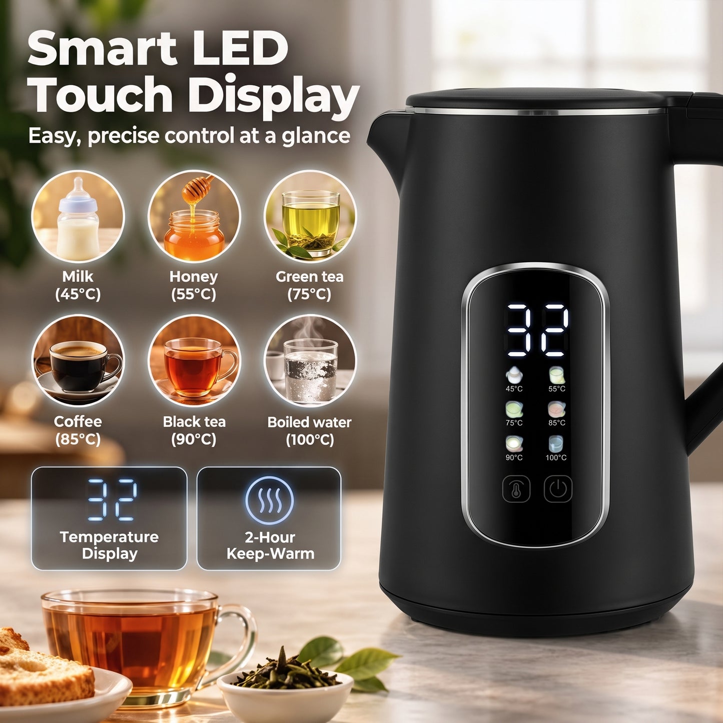 HOMCOM Kettle and Toaster Set with LED Touch Screen, Kettle with Strix Thermostat, 2 Slice Toaster w/ 6 Browning Levels, Black