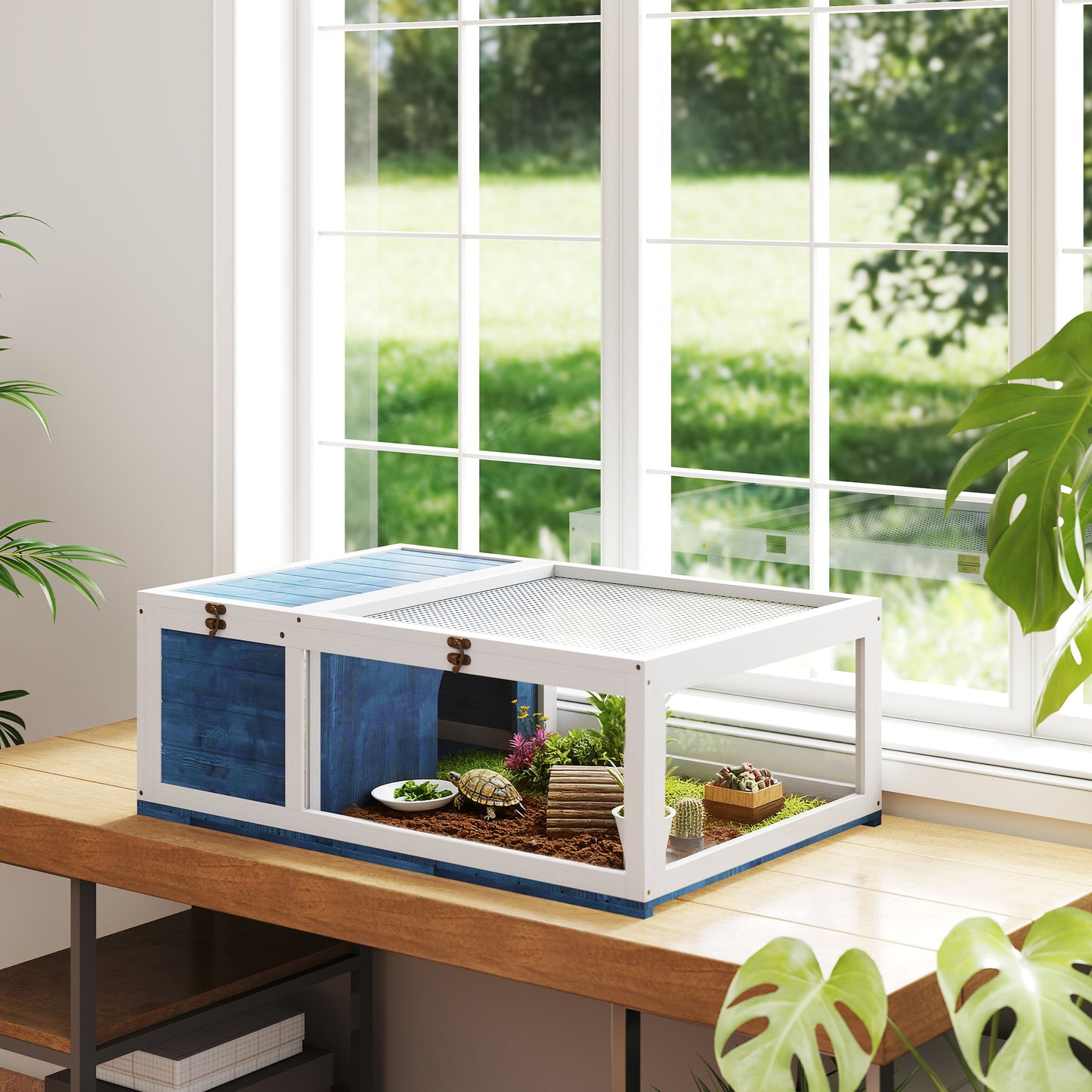 PawHut House enclosure cage habitat for small animals tortoises with 2 spaces 91 x 60.5 x 32 cm solid wood blue
