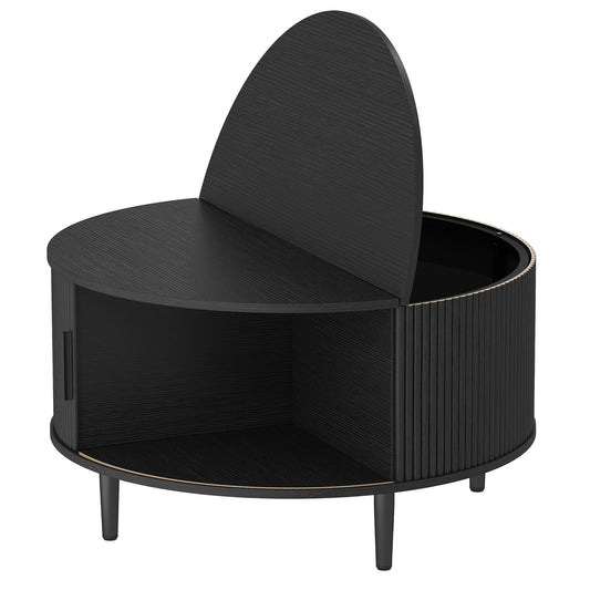 HOMCOM Coffee Table with Lift Top and Hidden Storage, Round Centre Table with Fluted Sliding Door, 80 cm, Black Wood Effect