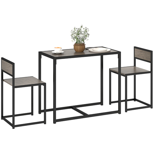 HOMCOM Dining Table and 2 Chairs Set, Space-Saving, Steel Frame, Grey Wood-Effect for Compact Kitchens