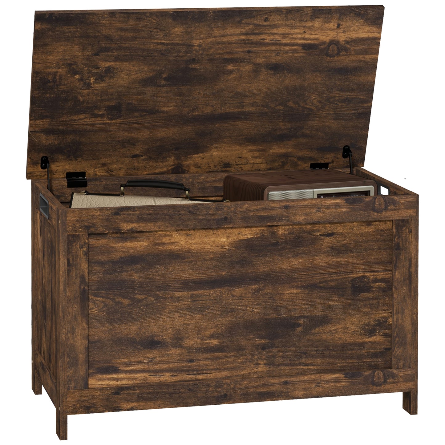 HOMCOM Storage Chest, Modern Wooden Trunk with Safety Hinges & Cut-out Handles, for Living Room/Entryway, 76x40x48 cm, Rustic Brown