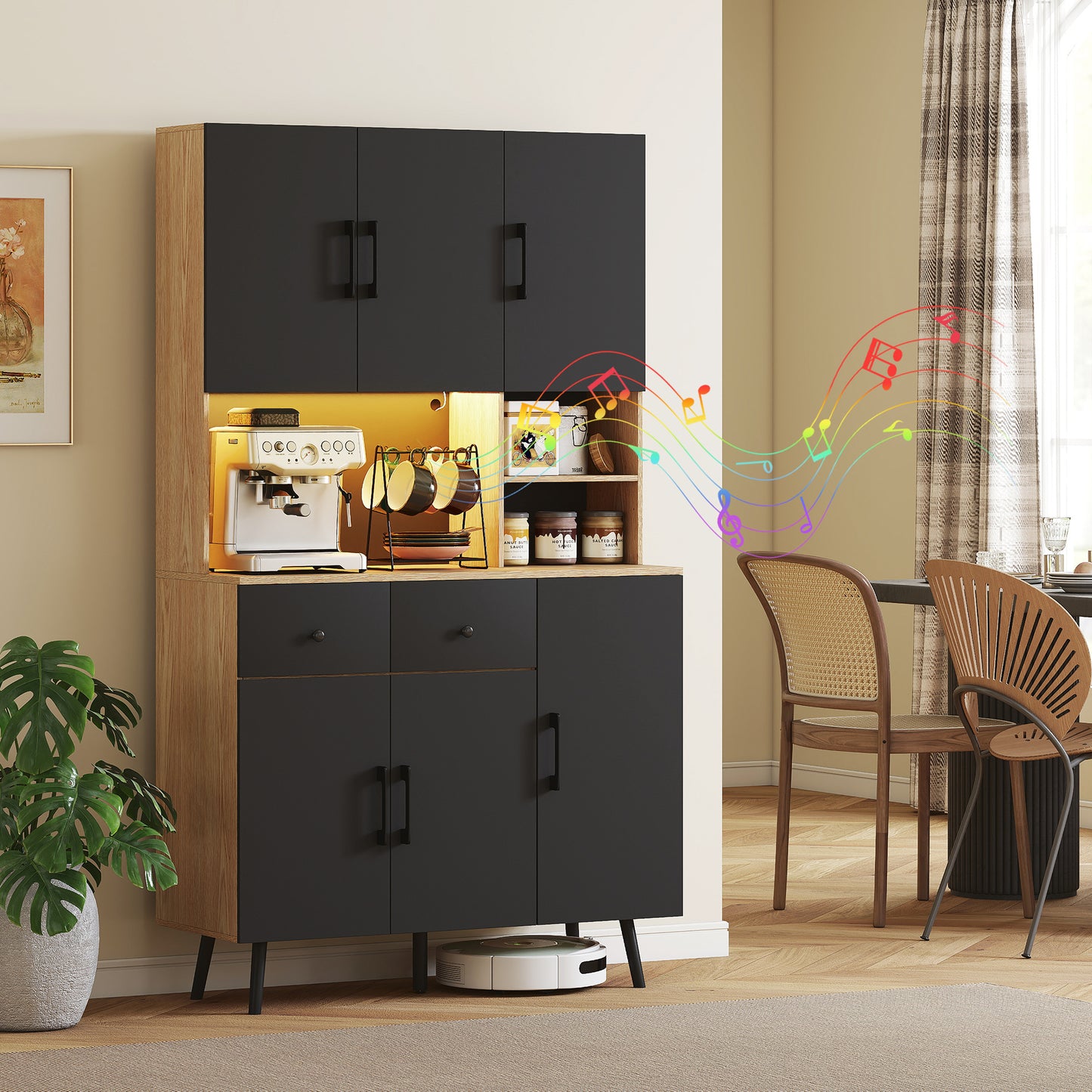 HOMCOM 176 cm Kitchen Cupboard with LED Lights - Oak and Black