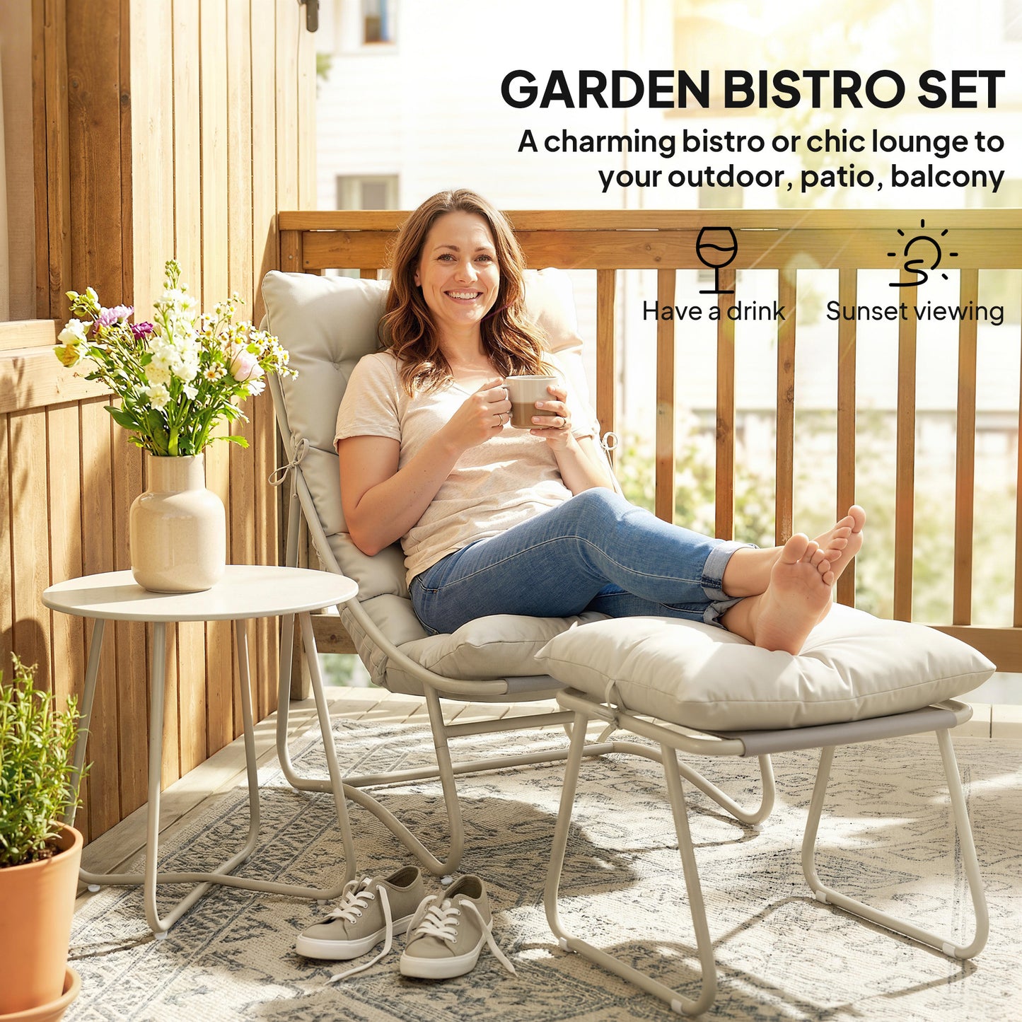 Outsunny Bistro Set for Garden, 3 Piece Outdoor Table and Chair with Footstool and Cushions, Comfy Balcony Furniture