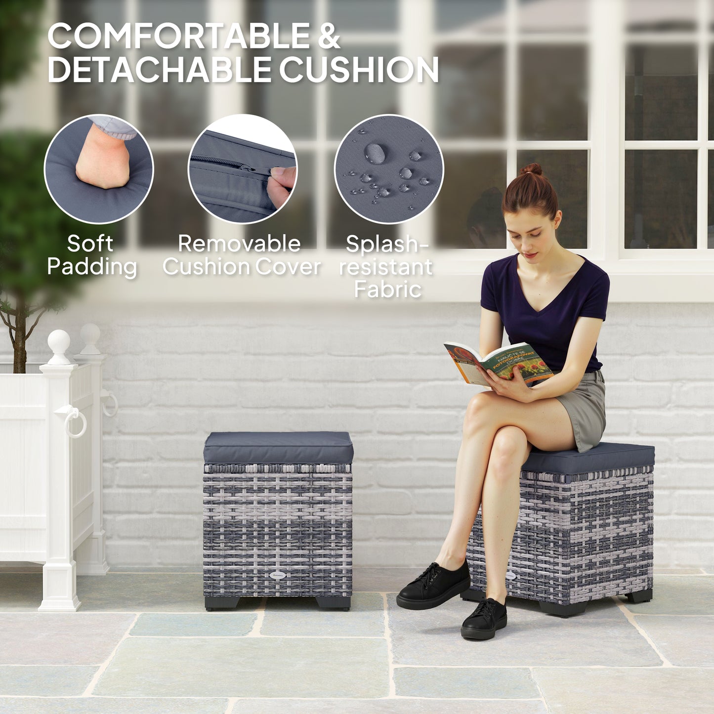 Outsunny Set of 2 Rattan Storage Ottomans, Outdoor Footstools with Removable Cushions for Garden, Balcony, or Living Room, Dark Grey