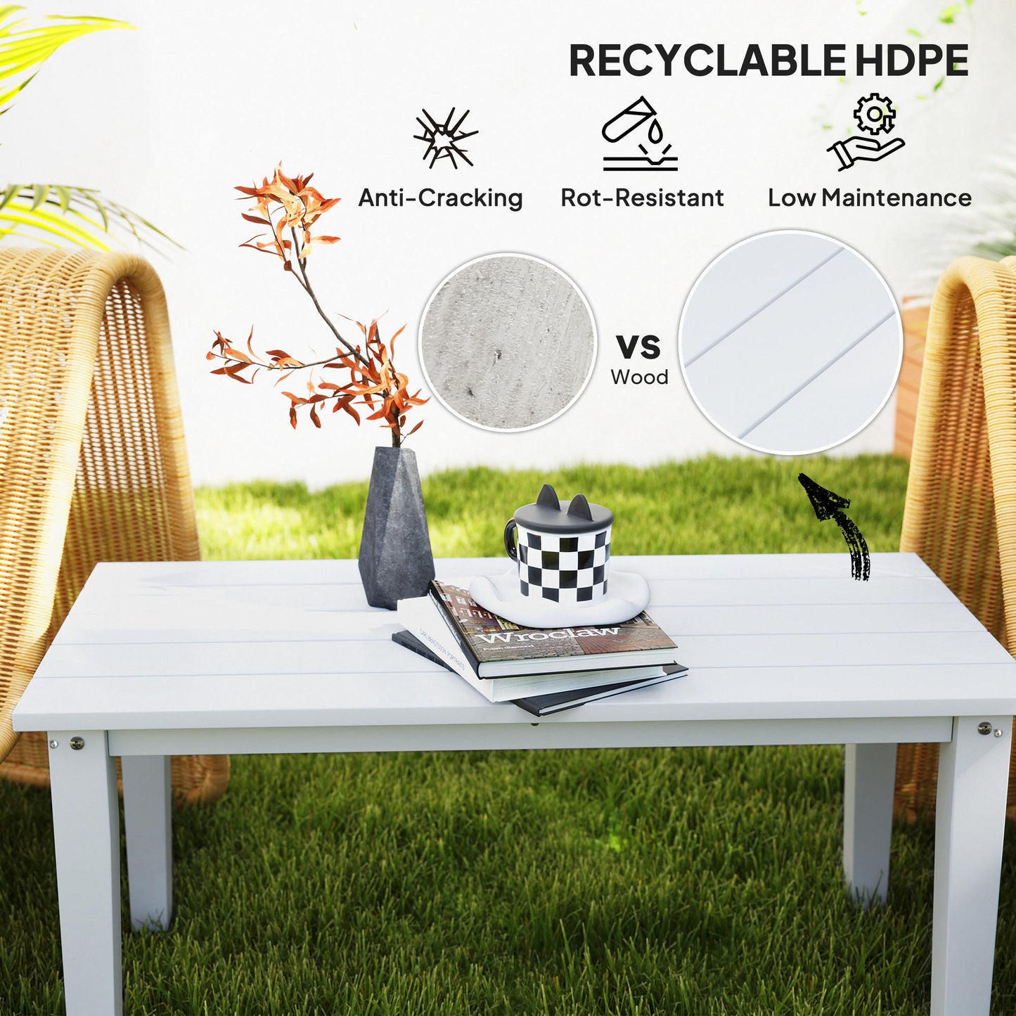 Outsunny Outdoor Garden Coffee Table, All-Weather HDPE with Slatted Top for Patio/Balcony, 91x44x42 cm, White