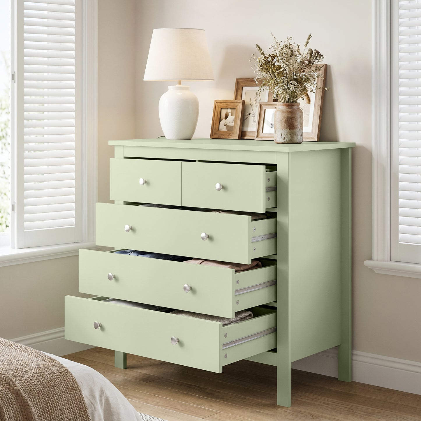 HOMCOM 5 Drawer Chest of Drawers, Sage Green