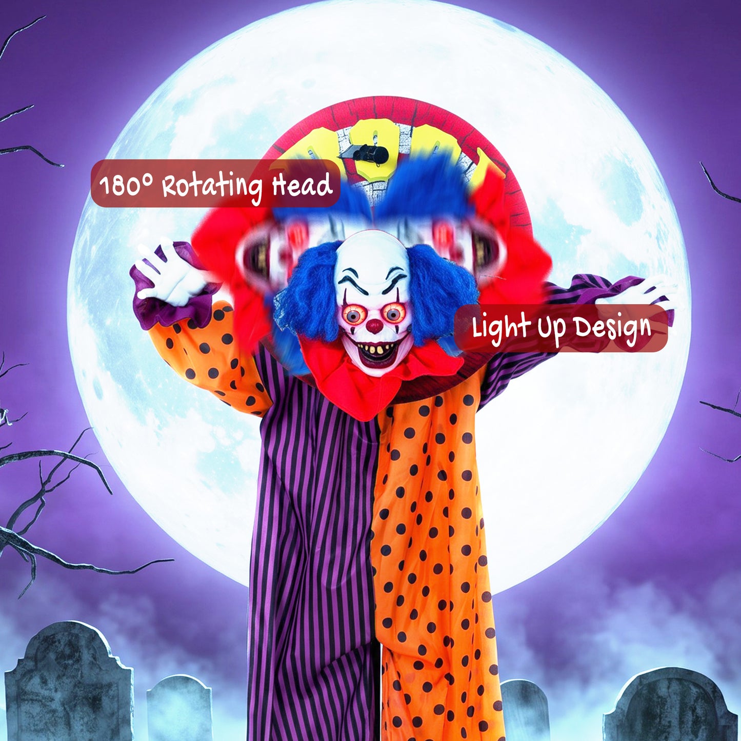 HOMCOM 167 cm Life Size Animated Clown Halloween Decoration, Scary Halloween Animatronics Decor with Sound Touch Activated
