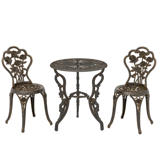 Outsunny Outdoor Bistro Set Vintage Rose Design Patio Furniture Set with Round Table and 2 Chairs Metallic Finish