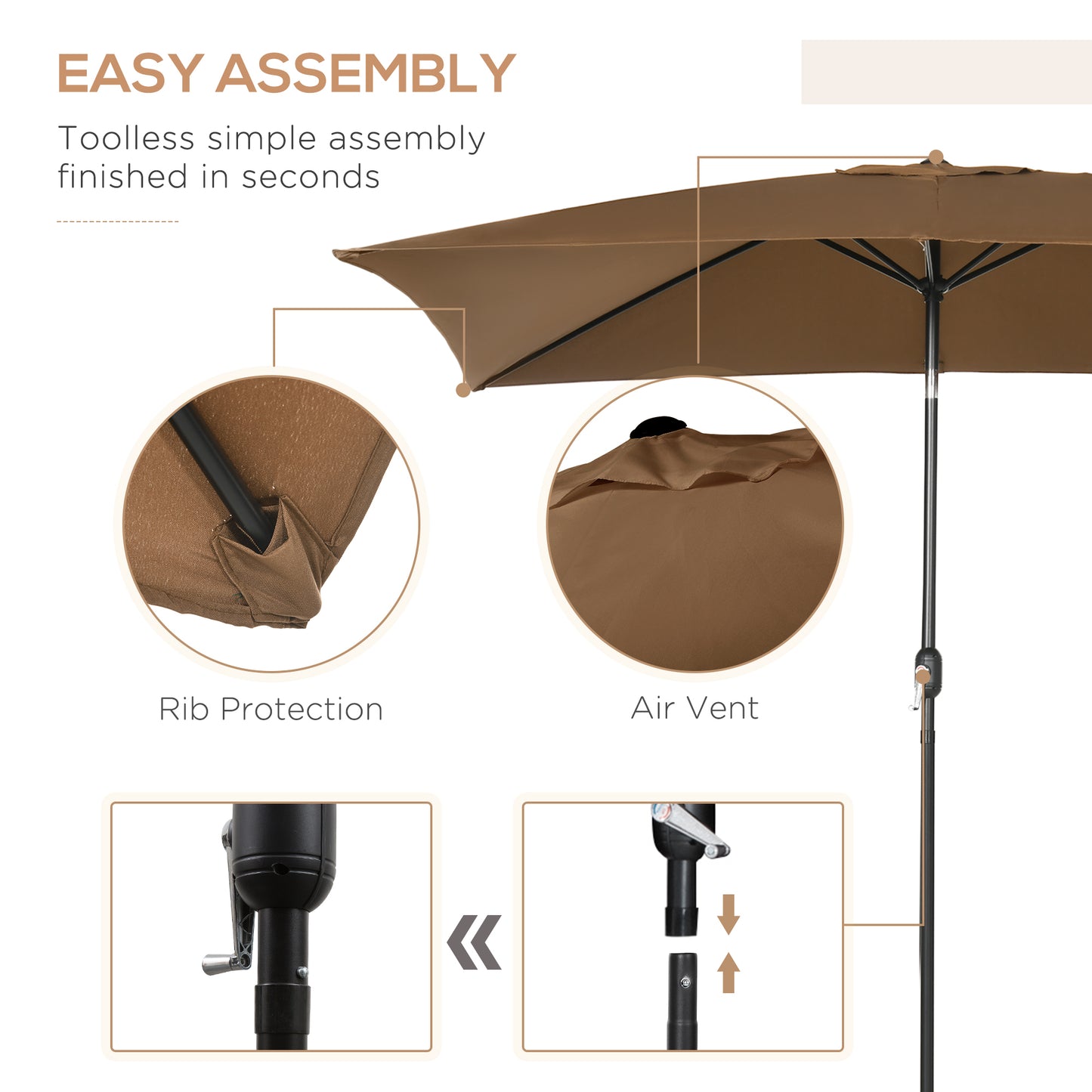 Outsunny 3x2m Garden Parasol Umbrella Outdoor Sun Shade Canopy with Tilt and Crank Aluminium Frame Rectangular Brown
