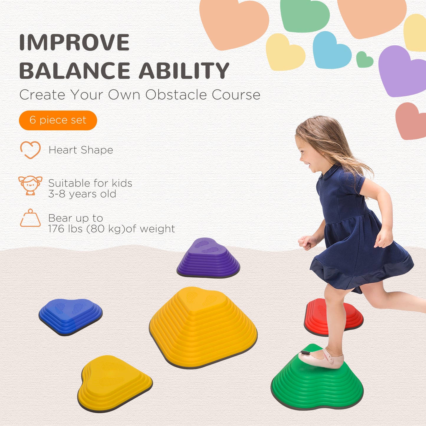 AIYAPLAY 6PCs Heart-Shaped Kids Stepping Stones Balance & Motor Skills, Multicoloured