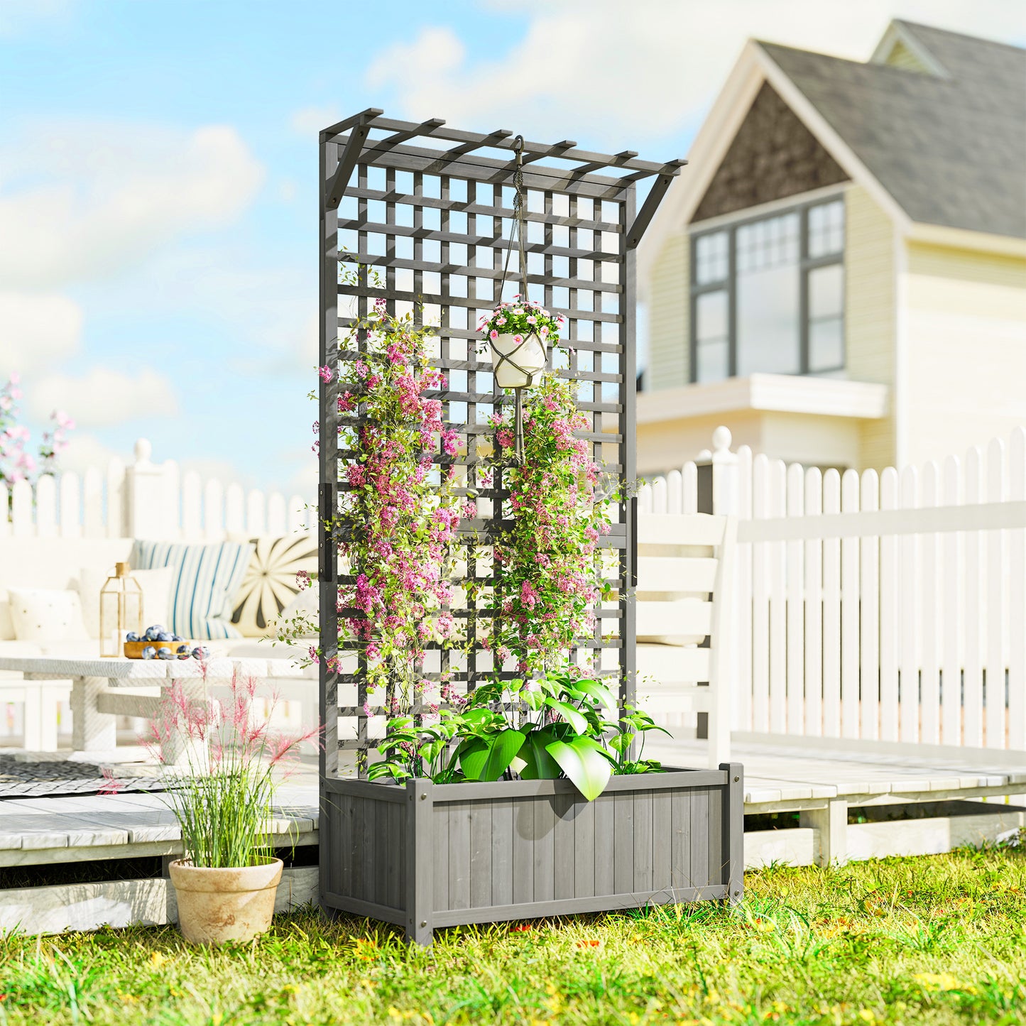 Outsunny Raised Bed with Drainage Holes, Wood Planter with Trellis for Climbing Plants to Grow Vegetables, Flowers, Dark Grey