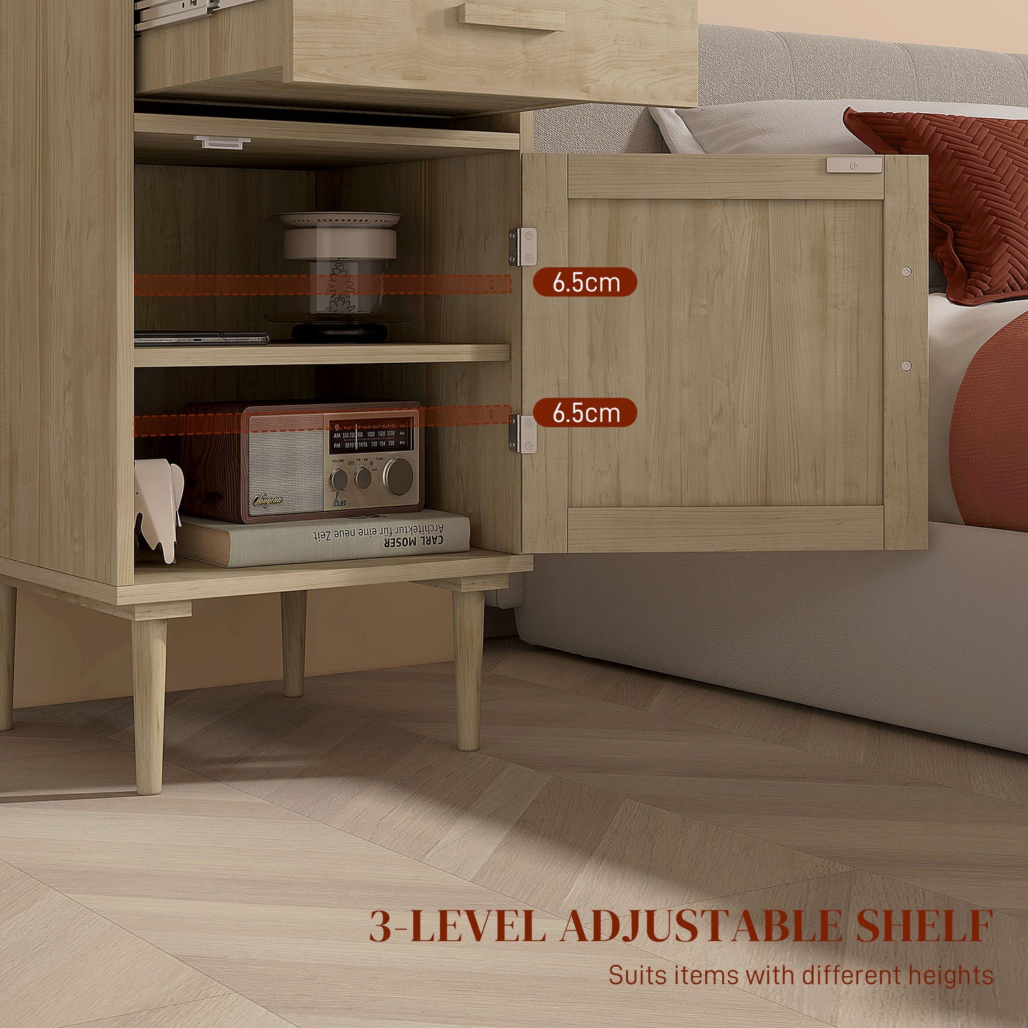 HOMCOM Rattan Bedside Table with Drawer - Natural Wood