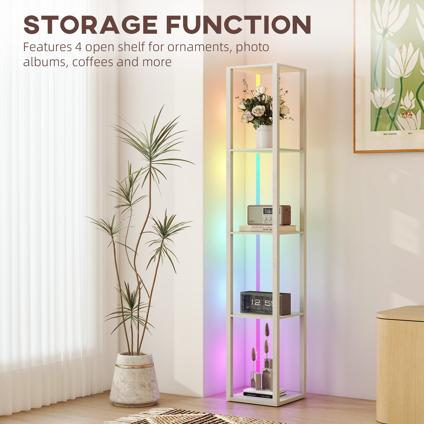 HOMCOM RGB LED Floor Lamp with Shelves, Modern Dimmable Standing Lamp, Remote Control, Adjustable Brightness & Speed for Living Room, Oak